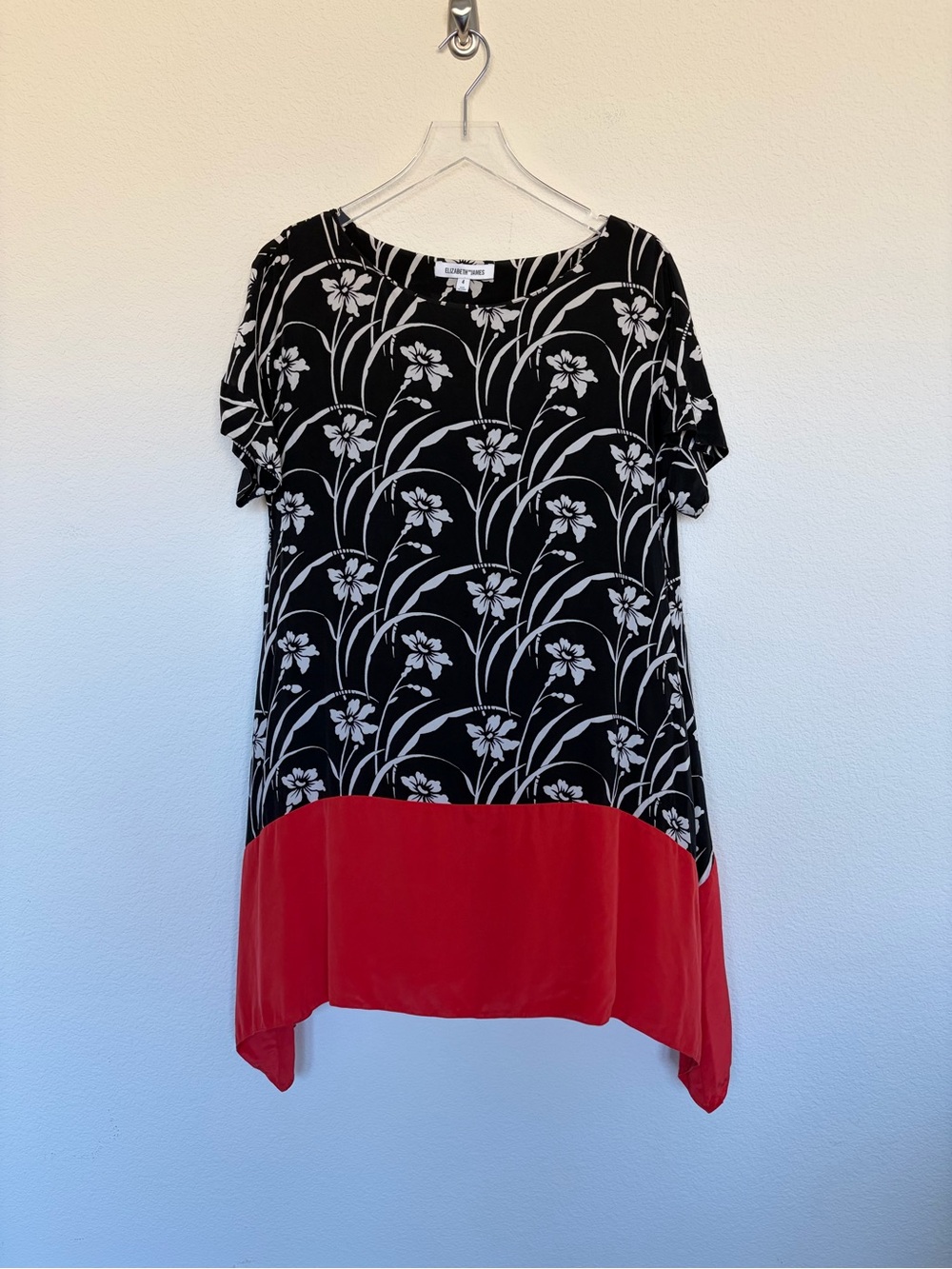 Elizabeth and James Black Floral Silk Shift Dress with Coral Red Hem | 4